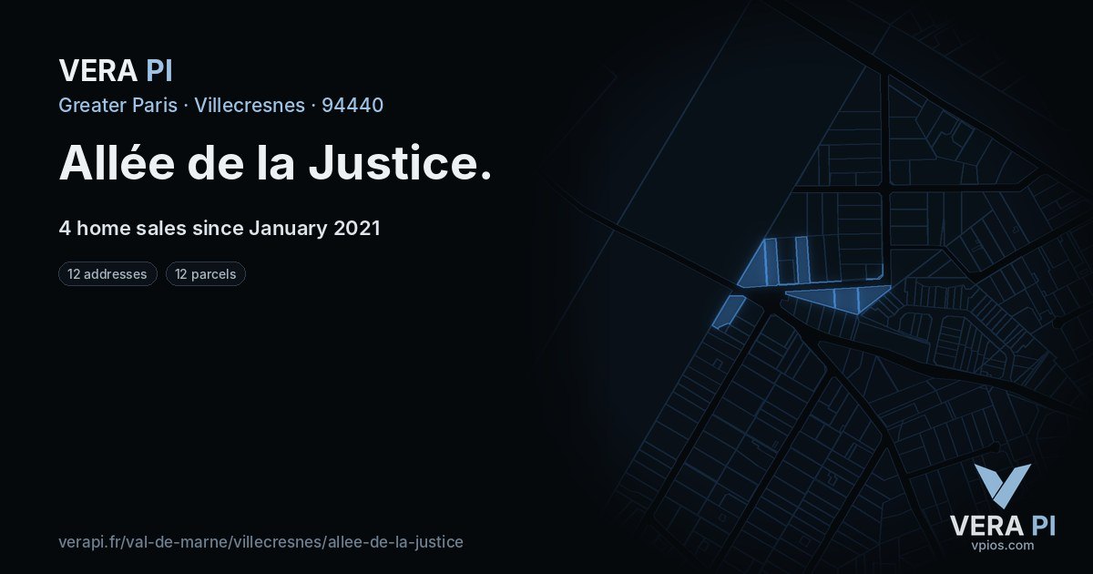 Allée de la Justice, Villecresnes at night – every parcel coloured by the prices around it, the street's own parcels lit