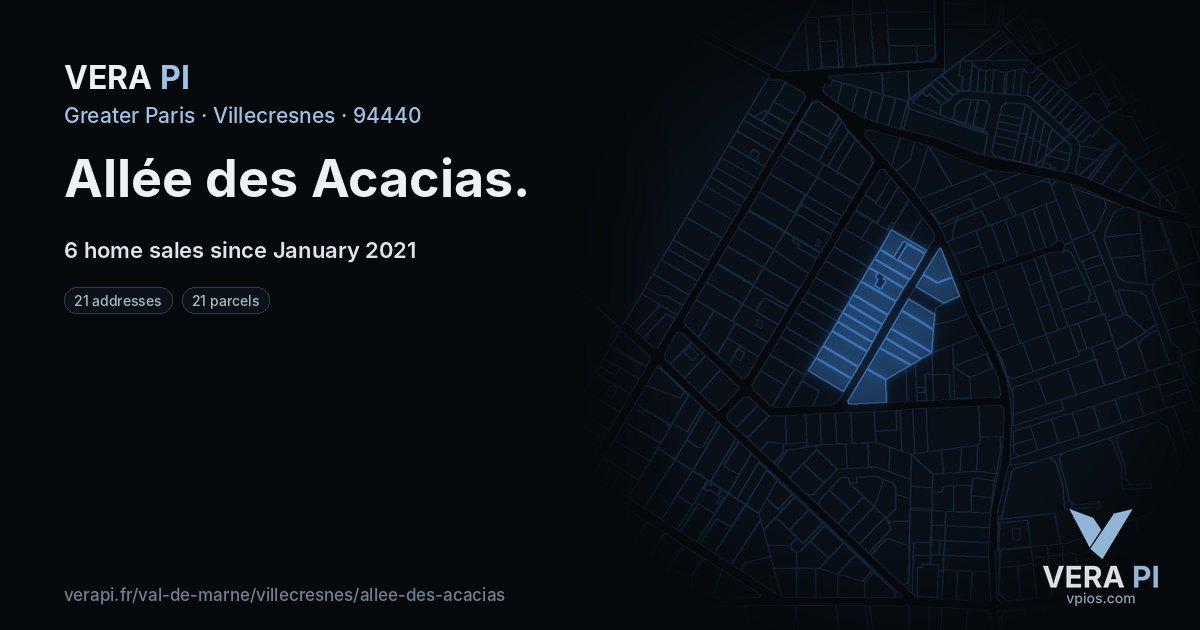 Allée des Acacias, Villecresnes at night – every parcel coloured by the prices around it, the street's own parcels lit