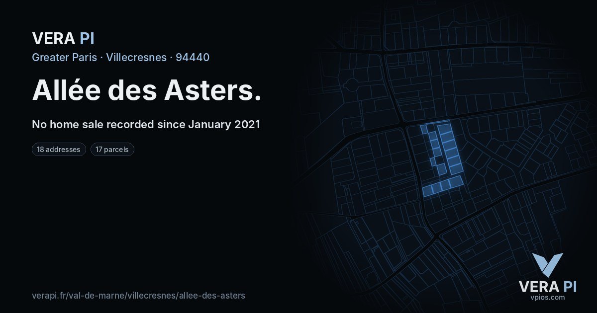 Allée des Asters, Villecresnes at night – every parcel coloured by the prices around it, the street's own parcels lit