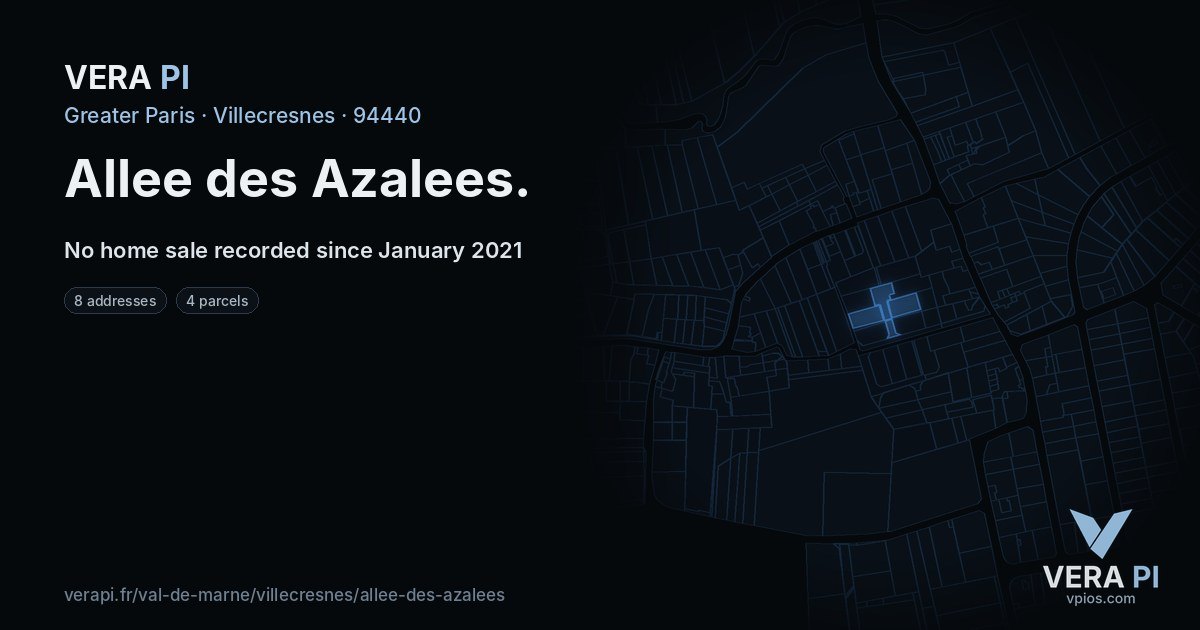 Allee des Azalees, Villecresnes at night – every parcel coloured by the prices around it, the street's own parcels lit