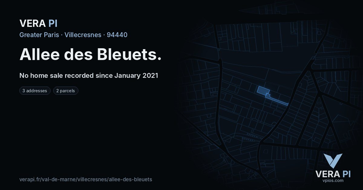 Allee des Bleuets, Villecresnes at night – every parcel coloured by the prices around it, the street's own parcels lit