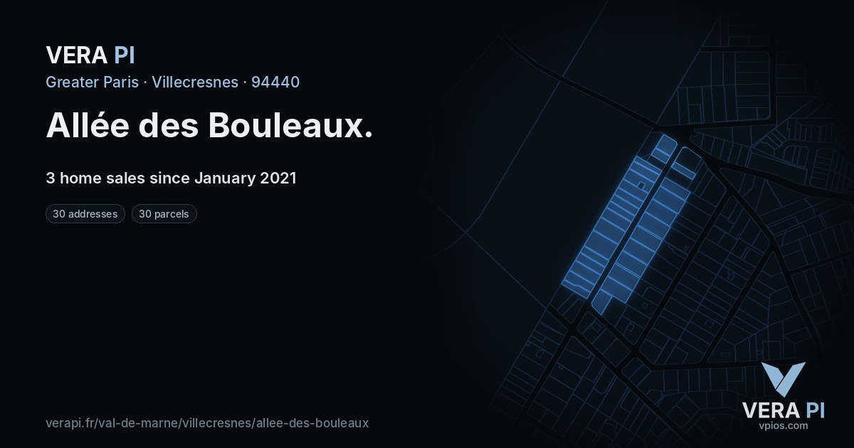 Allée des Bouleaux, Villecresnes at night – every parcel coloured by the prices around it, the street's own parcels lit