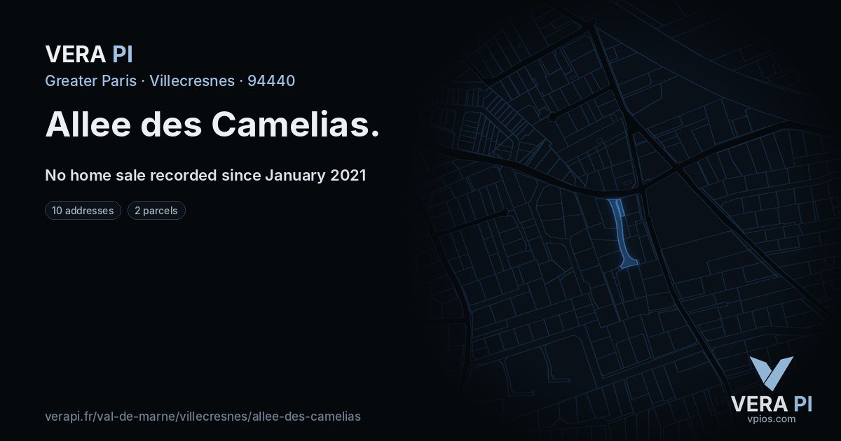 Allee des Camelias, Villecresnes at night – every parcel coloured by the prices around it, the street's own parcels lit