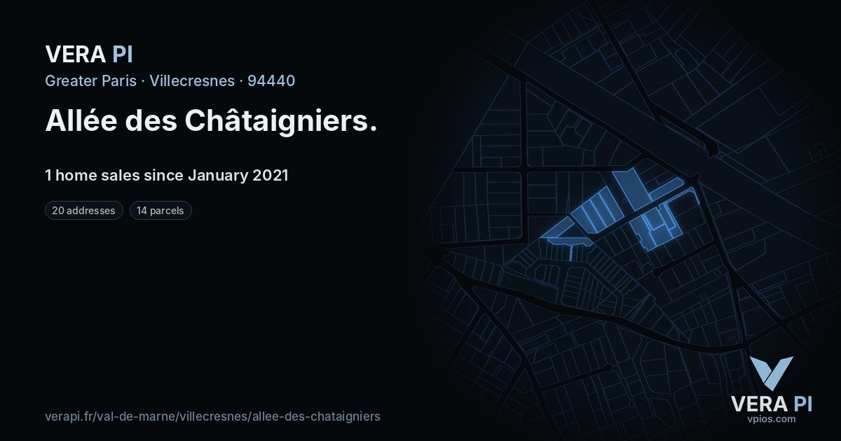 Allée des Châtaigniers, Villecresnes at night – every parcel coloured by the prices around it, the street's own parcels lit