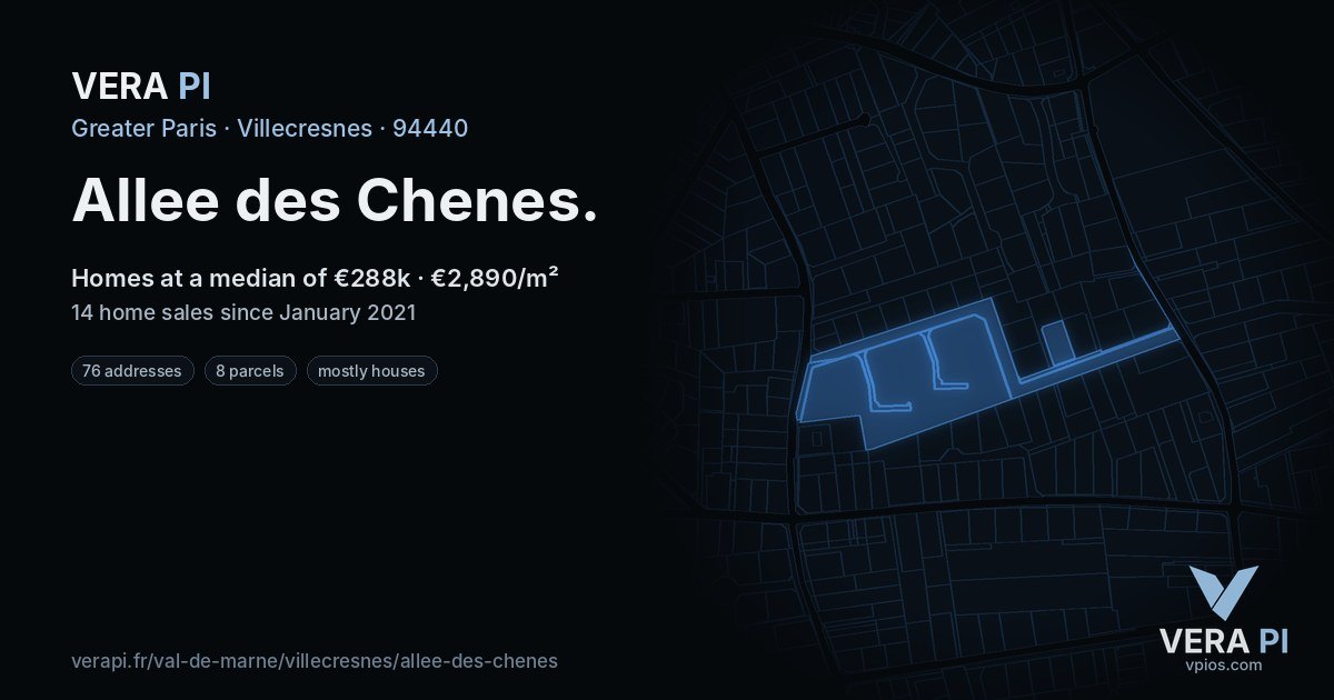 Allee des Chenes, Villecresnes at night – every parcel coloured by the prices around it, the street's own parcels lit