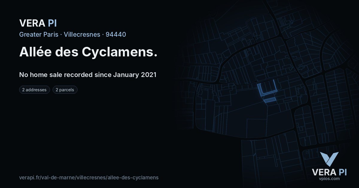Allée des Cyclamens, Villecresnes at night – every parcel coloured by the prices around it, the street's own parcels lit