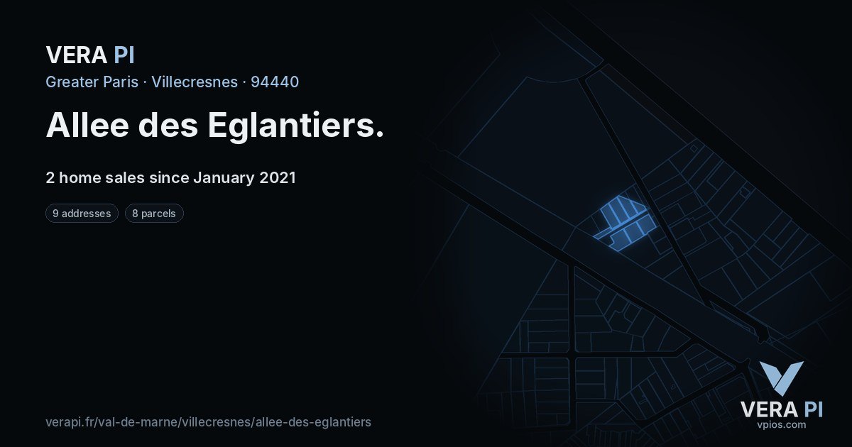 Allee des Eglantiers, Villecresnes at night – every parcel coloured by the prices around it, the street's own parcels lit