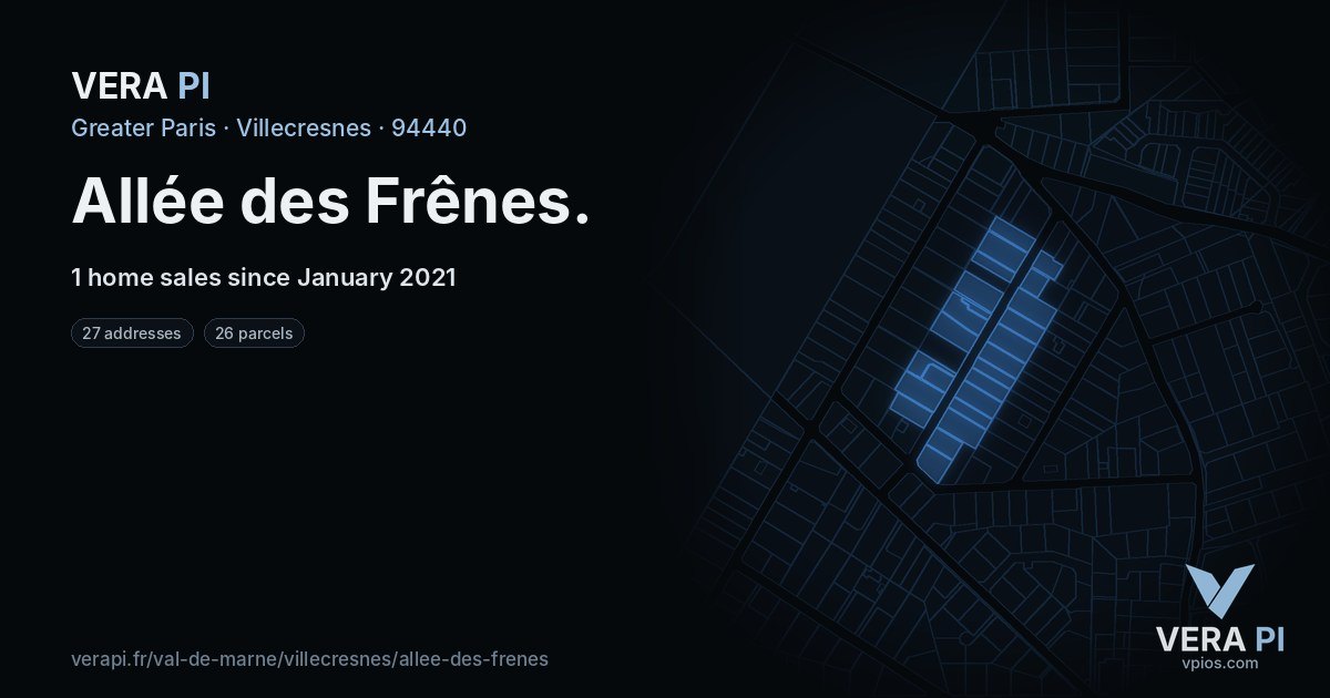 Allée des Frênes, Villecresnes at night – every parcel coloured by the prices around it, the street's own parcels lit