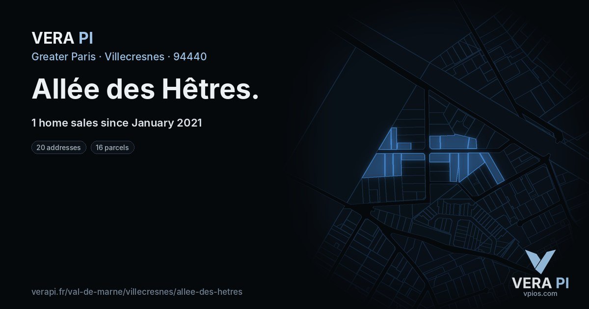 Allée des Hêtres, Villecresnes at night – every parcel coloured by the prices around it, the street's own parcels lit