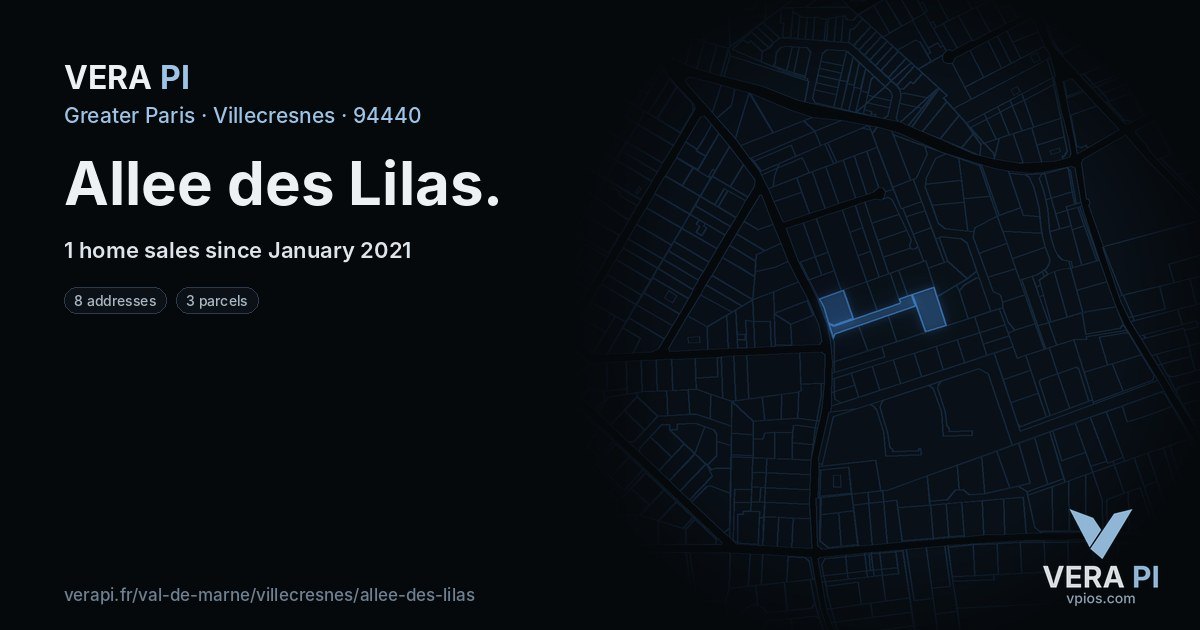 Allee des Lilas, Villecresnes at night – every parcel coloured by the prices around it, the street's own parcels lit