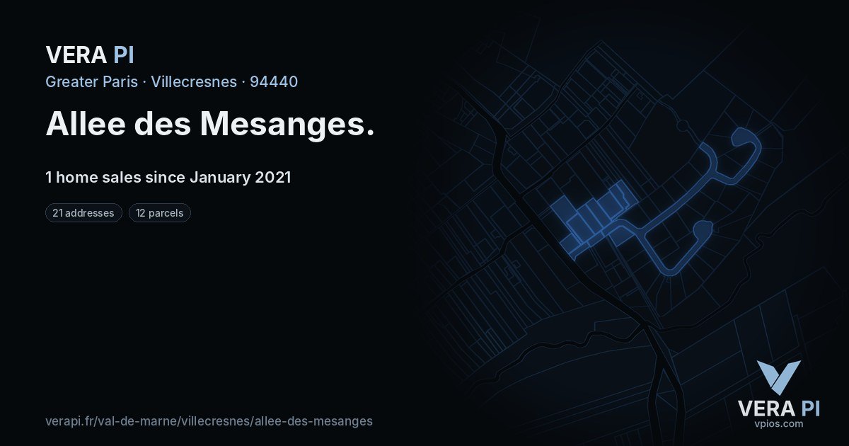 Allee des Mesanges, Villecresnes at night – every parcel coloured by the prices around it, the street's own parcels lit