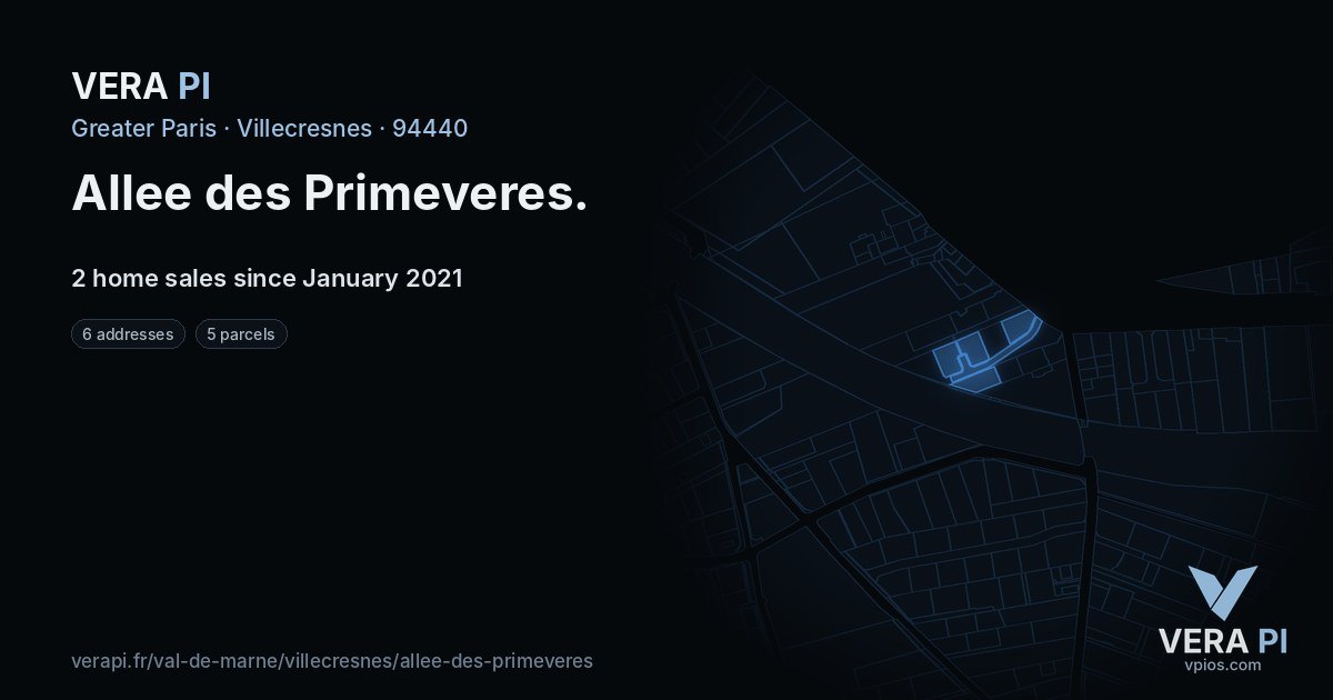 Allee des Primeveres, Villecresnes at night – every parcel coloured by the prices around it, the street's own parcels lit