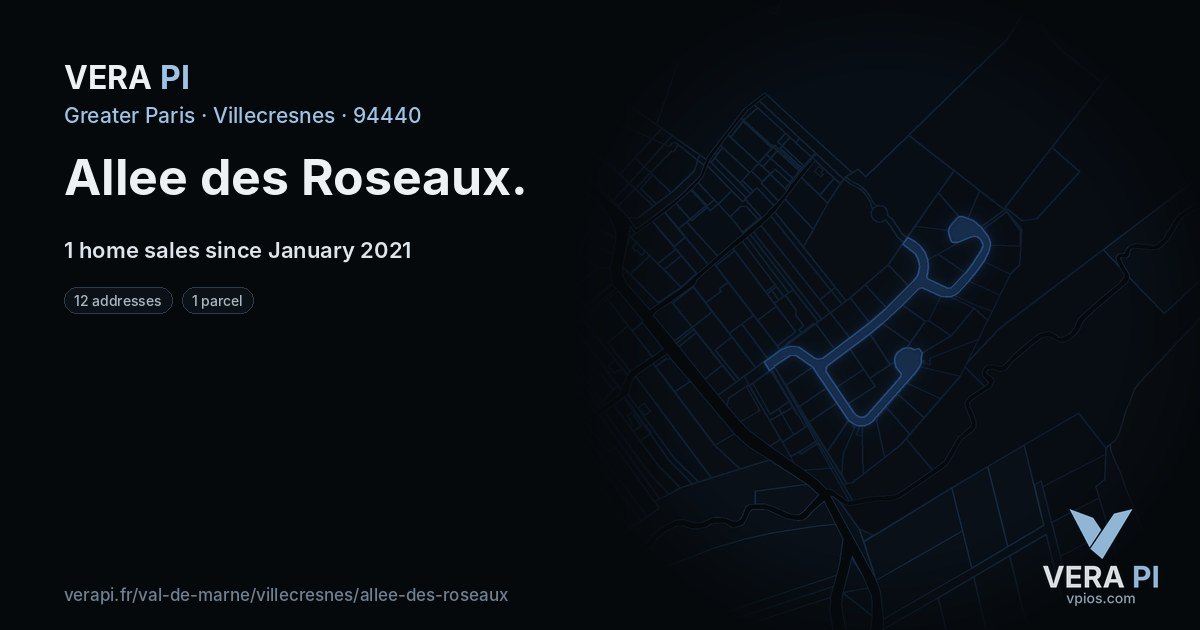 Allee des Roseaux, Villecresnes at night – every parcel coloured by the prices around it, the street's own parcels lit