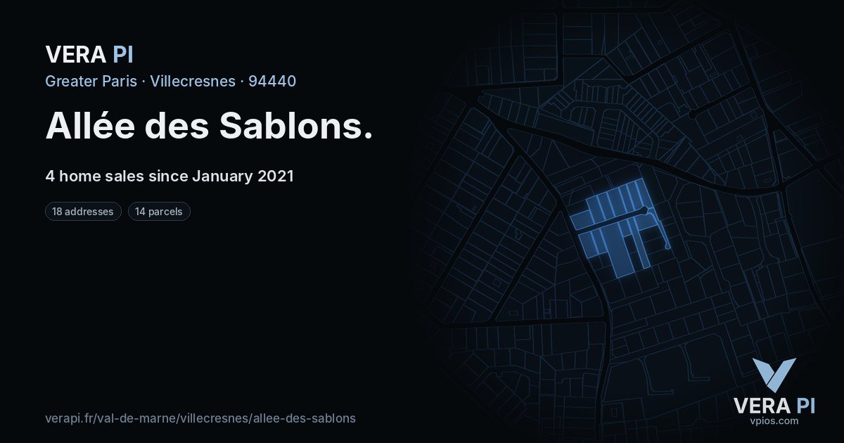Allée des Sablons, Villecresnes at night – every parcel coloured by the prices around it, the street's own parcels lit