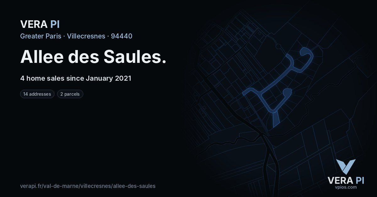 Allee des Saules, Villecresnes at night – every parcel coloured by the prices around it, the street's own parcels lit