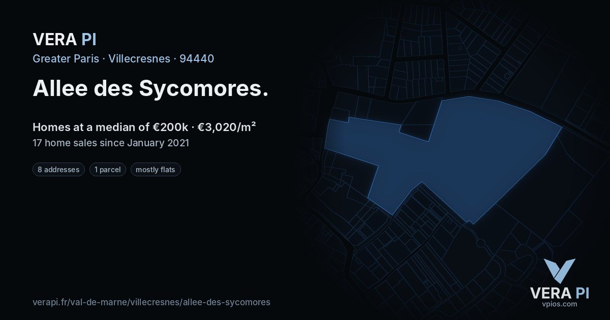 Allee des Sycomores, Villecresnes at night – every parcel coloured by the prices around it, the street's own parcels lit