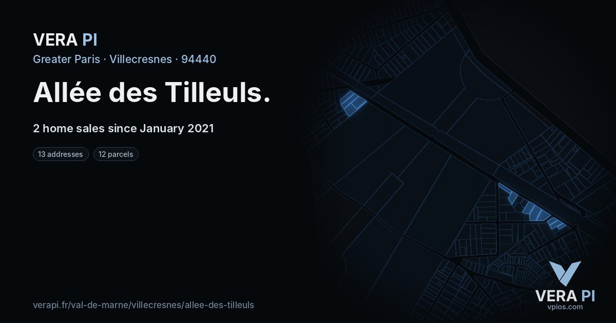 Allée des Tilleuls, Villecresnes at night – every parcel coloured by the prices around it, the street's own parcels lit