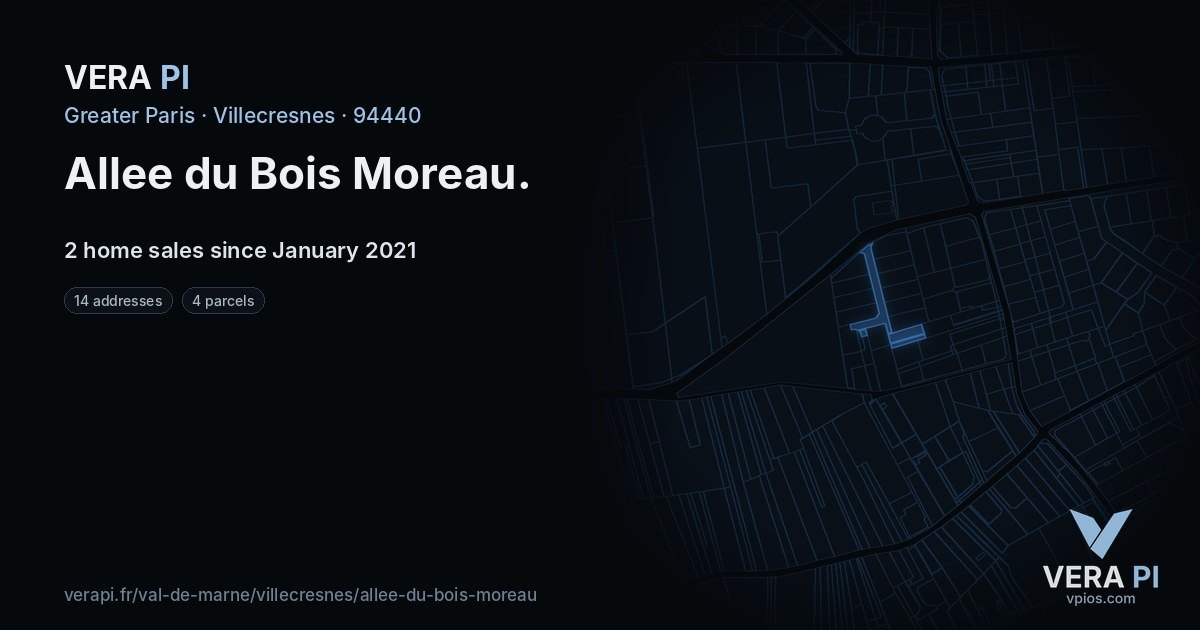 Allee du Bois Moreau, Villecresnes at night – every parcel coloured by the prices around it, the street's own parcels lit