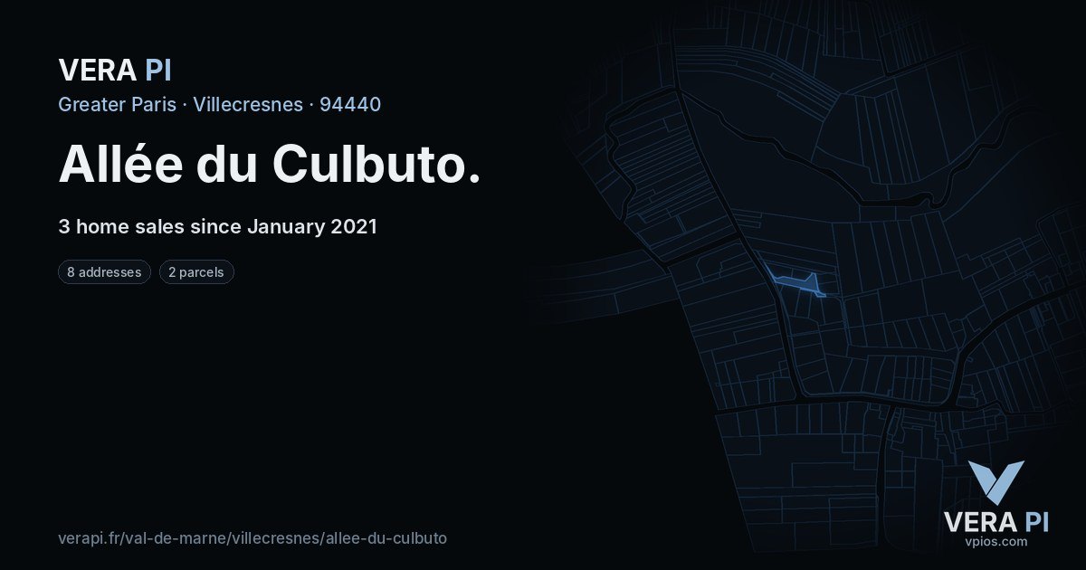 Allée du Culbuto, Villecresnes at night – every parcel coloured by the prices around it, the street's own parcels lit