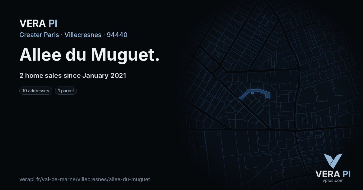 Allee du Muguet, Villecresnes at night – every parcel coloured by the prices around it, the street's own parcels lit