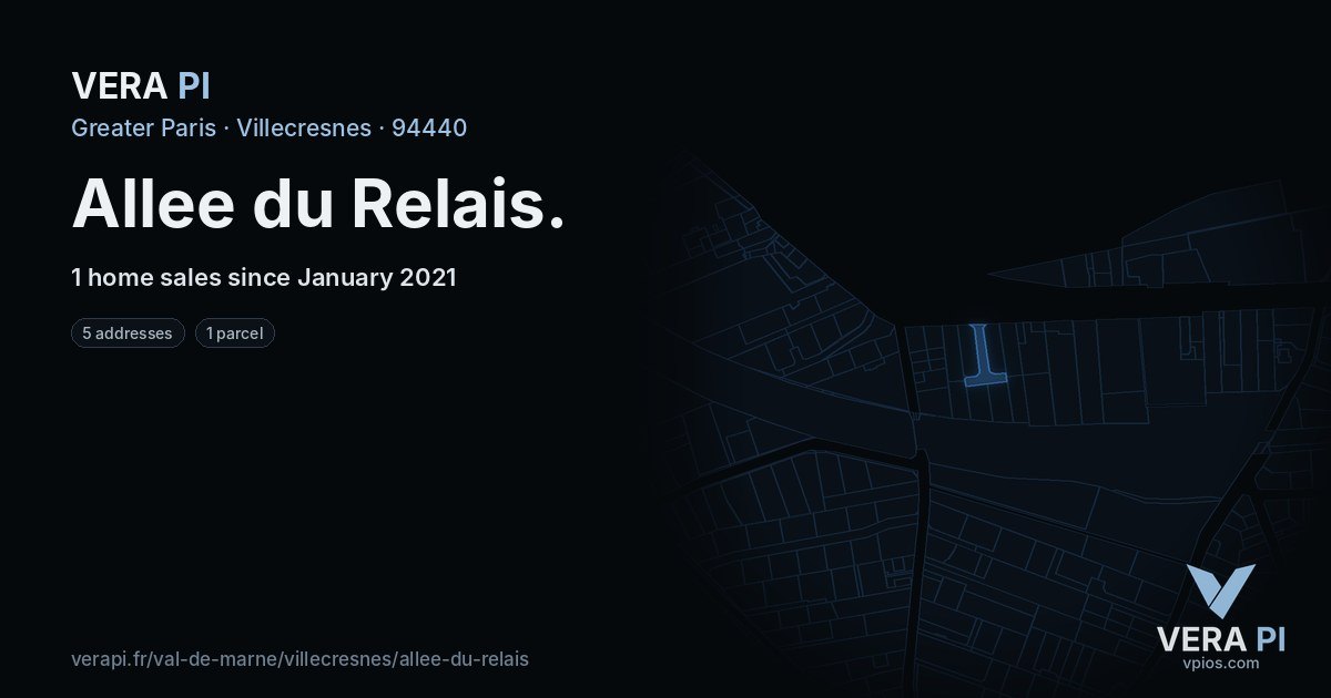 Allee du Relais, Villecresnes at night – every parcel coloured by the prices around it, the street's own parcels lit