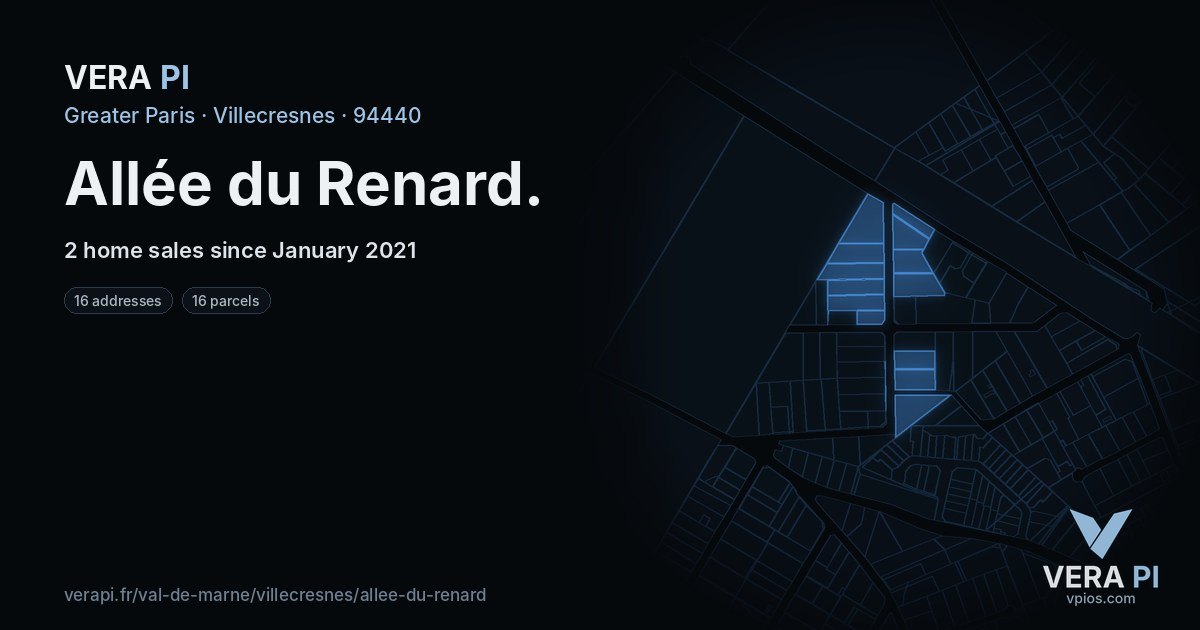Allée du Renard, Villecresnes at night – every parcel coloured by the prices around it, the street's own parcels lit