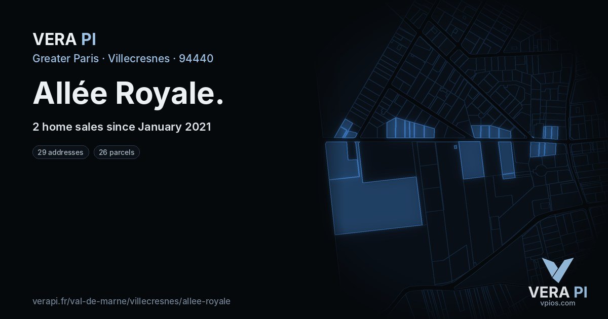Allée Royale, Villecresnes at night – every parcel coloured by the prices around it, the street's own parcels lit