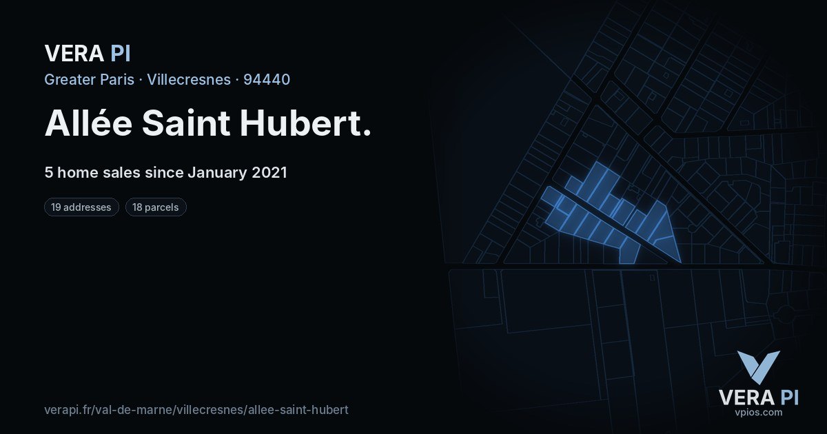 Allée Saint Hubert, Villecresnes at night – every parcel coloured by the prices around it, the street's own parcels lit