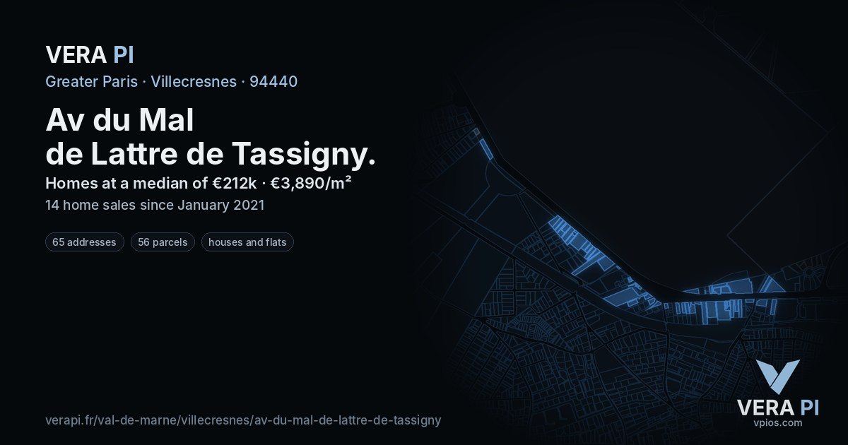 Av du Mal de Lattre de Tassigny, Villecresnes at night – every parcel coloured by the prices around it, the street's own parcels lit