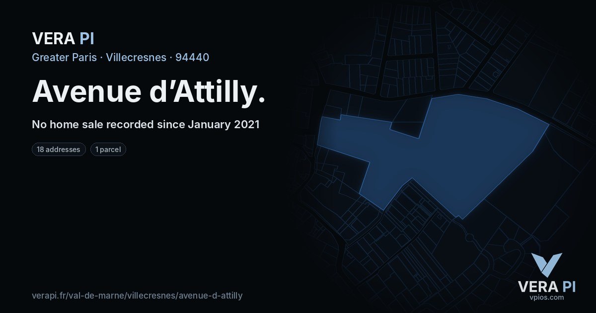Avenue d’Attilly, Villecresnes at night – every parcel coloured by the prices around it, the street's own parcels lit