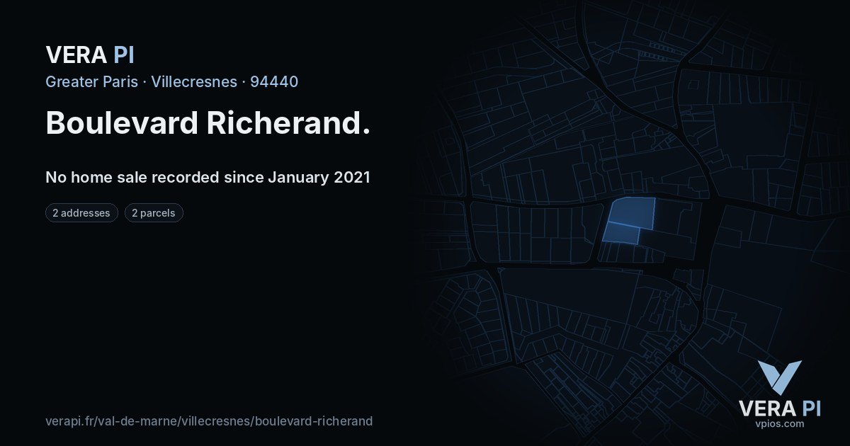 Boulevard Richerand, Villecresnes at night – every parcel coloured by the prices around it, the street's own parcels lit