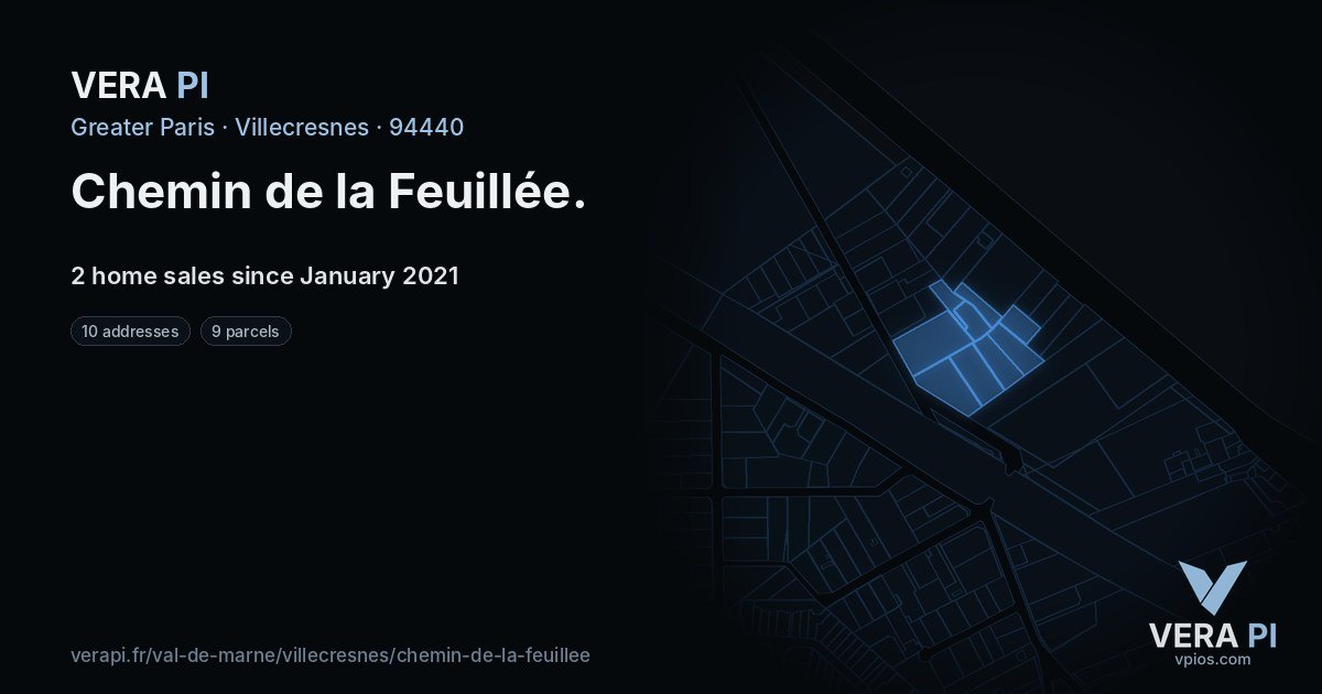 Chemin de la Feuillée, Villecresnes at night – every parcel coloured by the prices around it, the street's own parcels lit