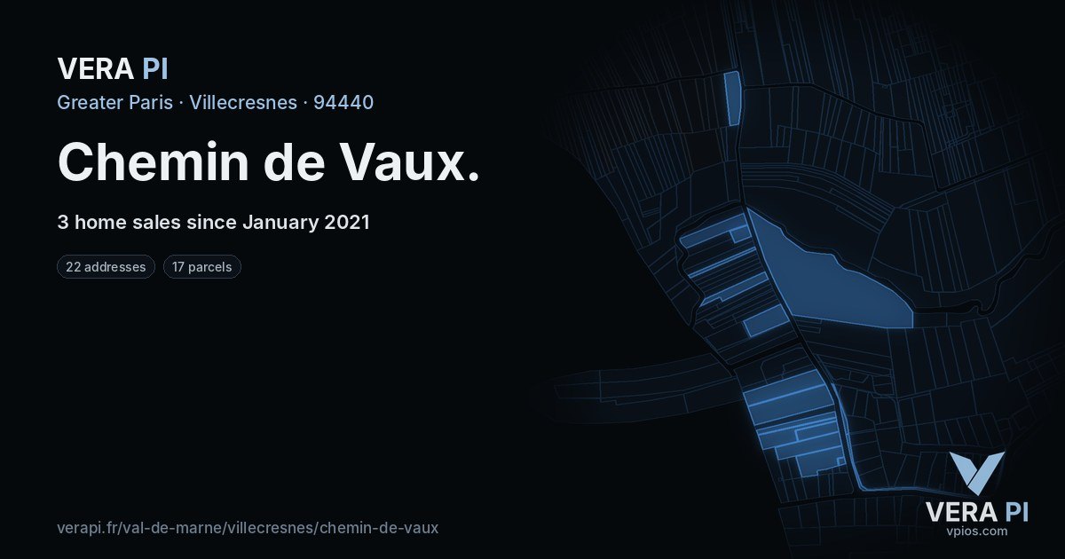 Chemin de Vaux, Villecresnes at night – every parcel coloured by the prices around it, the street's own parcels lit