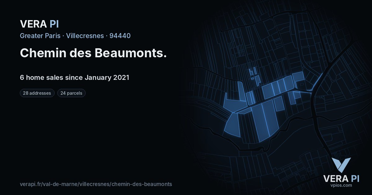 Chemin des Beaumonts, Villecresnes at night – every parcel coloured by the prices around it, the street's own parcels lit
