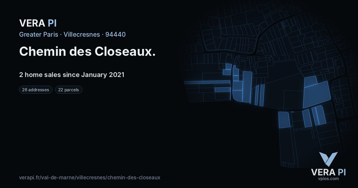 Chemin des Closeaux, Villecresnes at night – every parcel coloured by the prices around it, the street's own parcels lit
