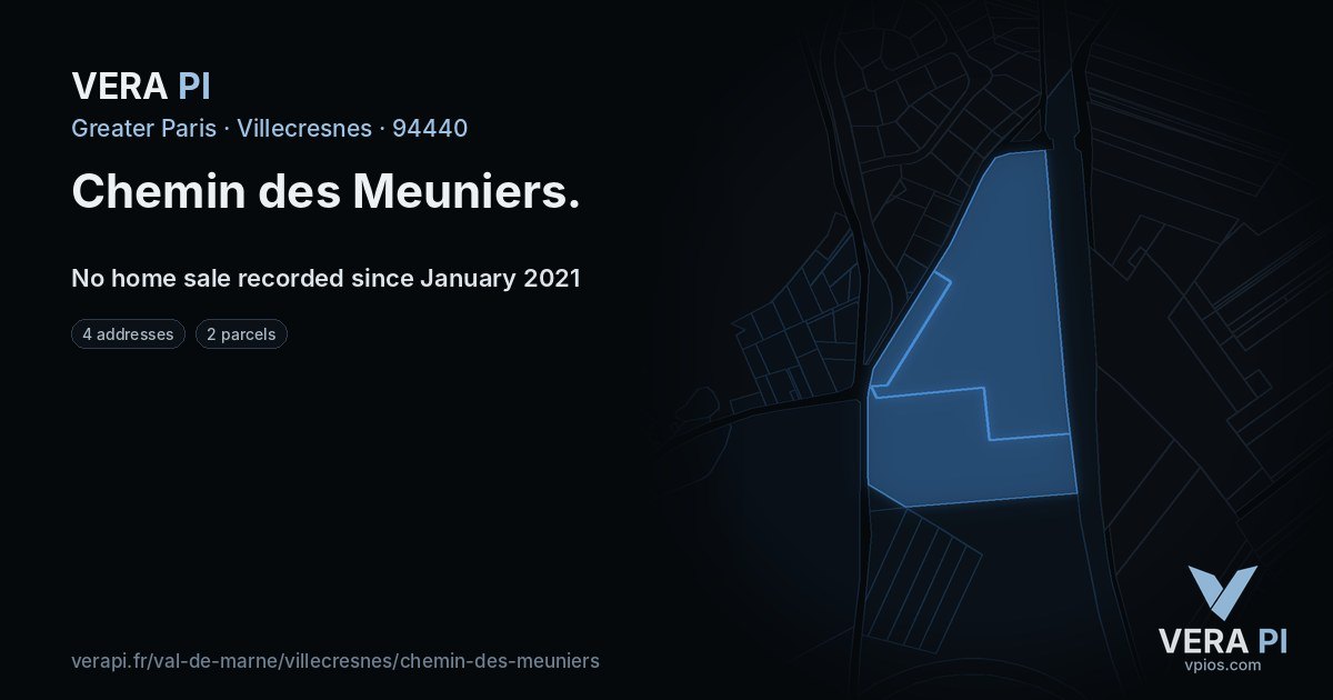 Chemin des Meuniers, Villecresnes at night – every parcel coloured by the prices around it, the street's own parcels lit