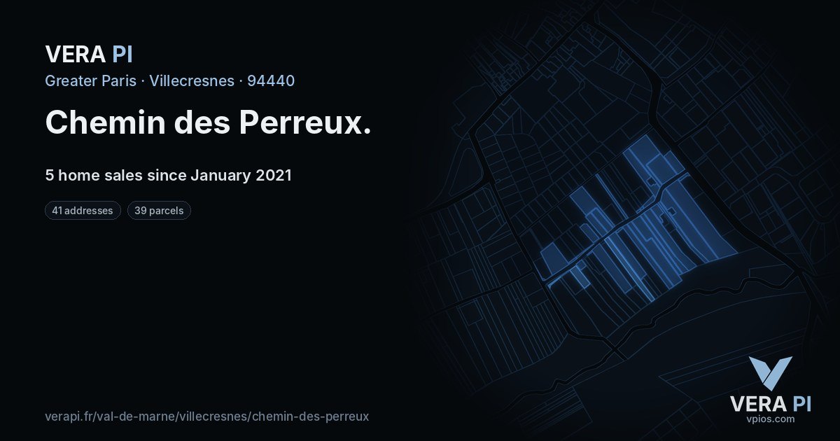 Chemin des Perreux, Villecresnes at night – every parcel coloured by the prices around it, the street's own parcels lit