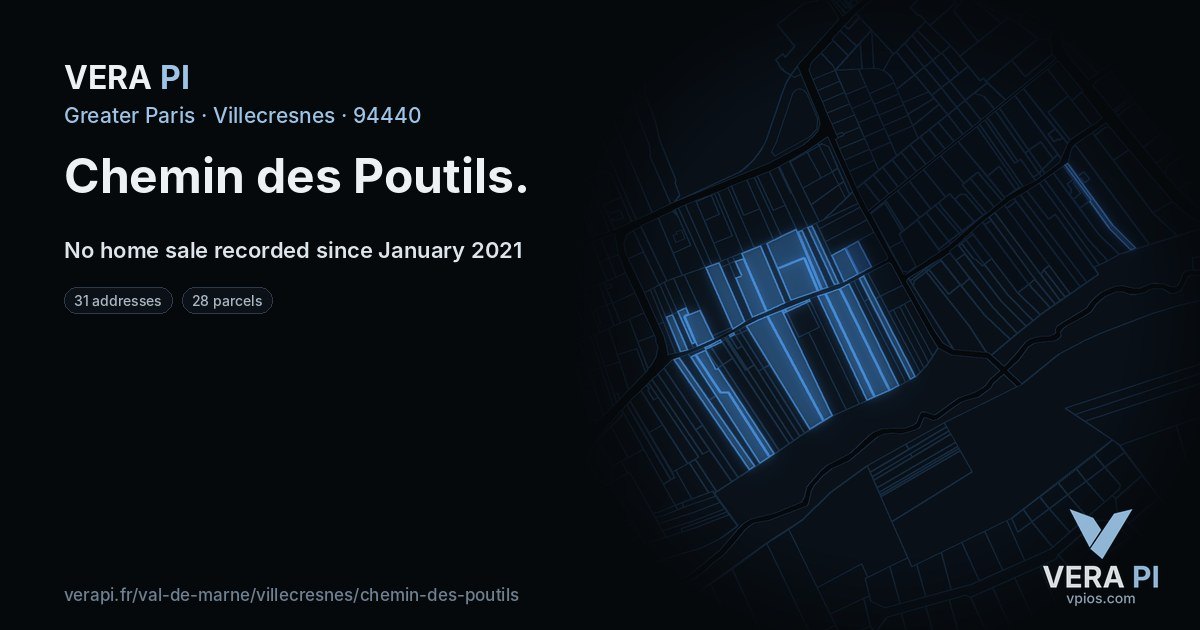 Chemin des Poutils, Villecresnes at night – every parcel coloured by the prices around it, the street's own parcels lit