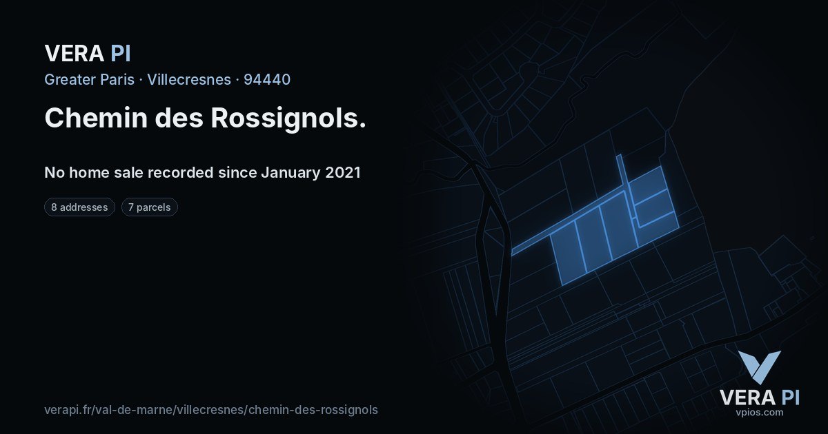 Chemin des Rossignols, Villecresnes at night – every parcel coloured by the prices around it, the street's own parcels lit