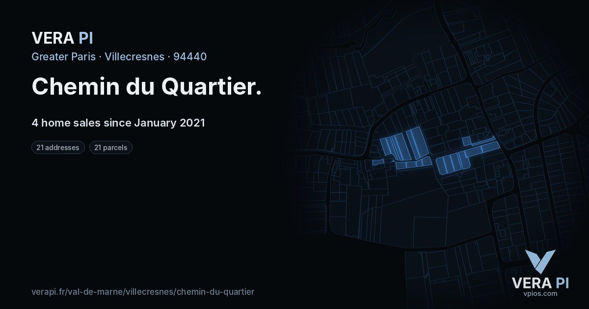 Chemin du Quartier, Villecresnes at night – every parcel coloured by the prices around it, the street's own parcels lit
