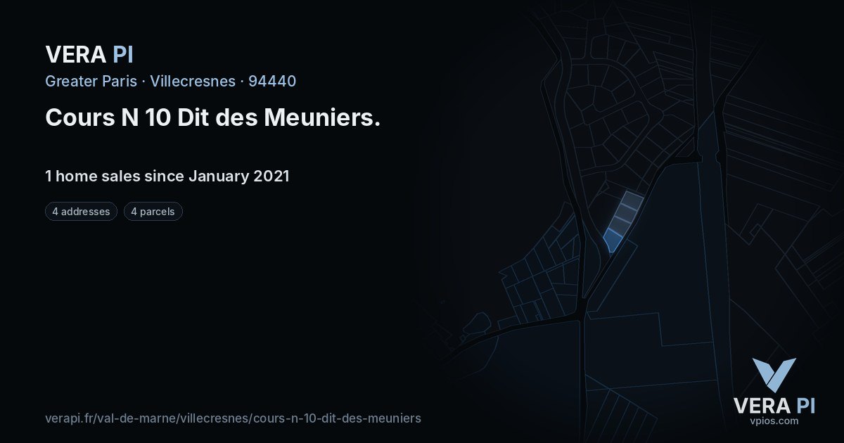 Cours N 10 Dit des Meuniers, Villecresnes at night – every parcel coloured by the prices around it, the street's own parcels lit