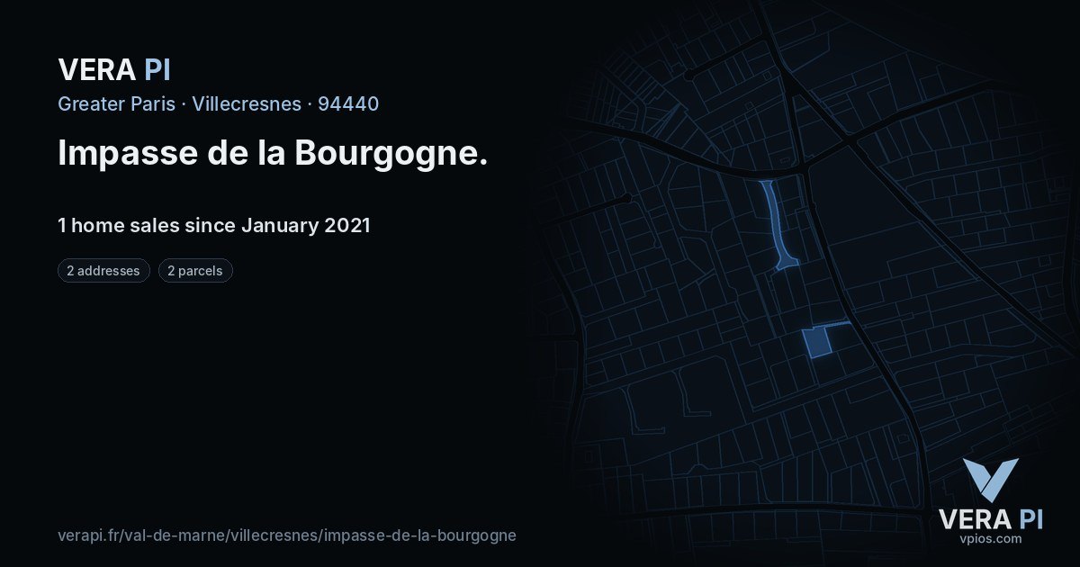 Impasse de la Bourgogne, Villecresnes at night – every parcel coloured by the prices around it, the street's own parcels lit
