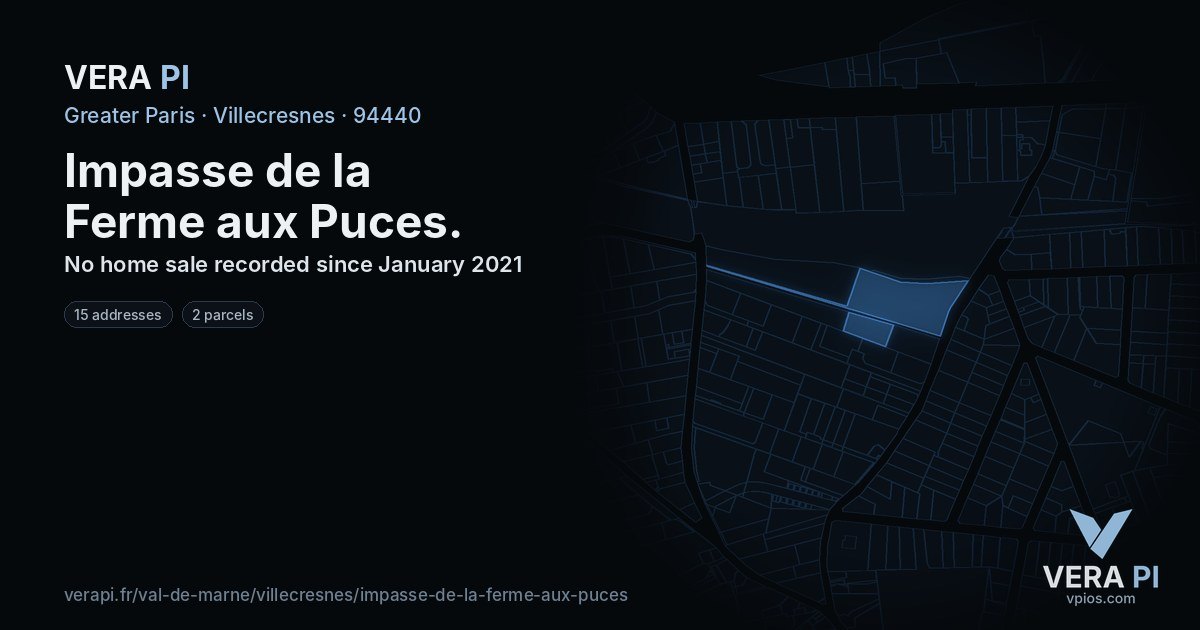 Impasse de la Ferme aux Puces, Villecresnes at night – every parcel coloured by the prices around it, the street's own parcels lit