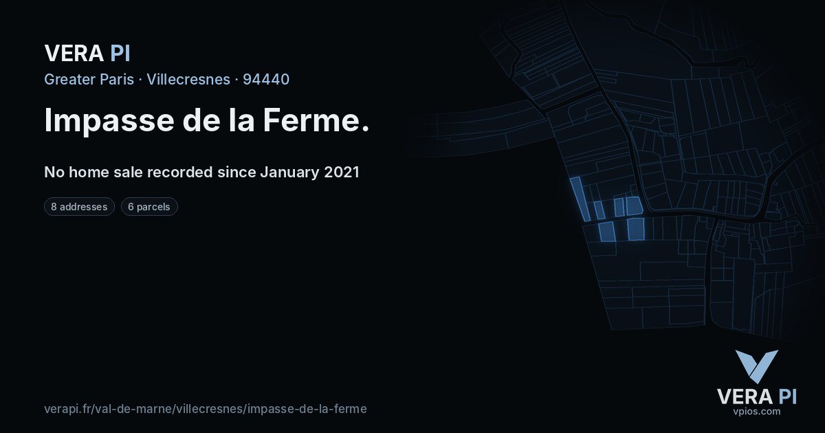 Impasse de la Ferme, Villecresnes at night – every parcel coloured by the prices around it, the street's own parcels lit