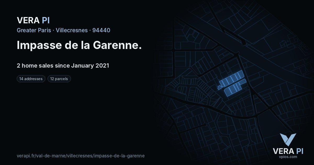 Impasse de la Garenne, Villecresnes at night – every parcel coloured by the prices around it, the street's own parcels lit