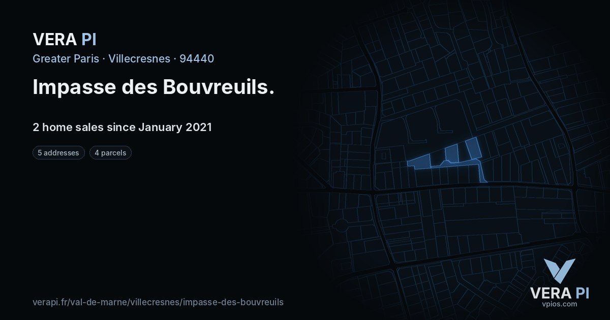 Impasse des Bouvreuils, Villecresnes at night – every parcel coloured by the prices around it, the street's own parcels lit