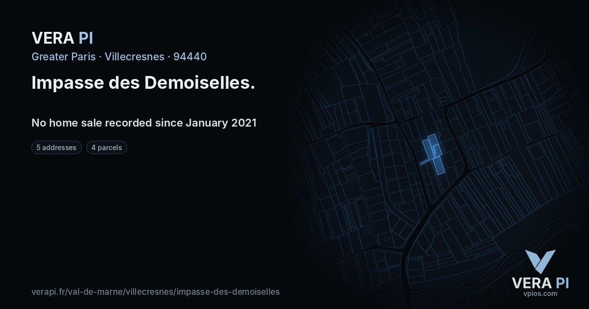 Impasse des Demoiselles, Villecresnes at night – every parcel coloured by the prices around it, the street's own parcels lit