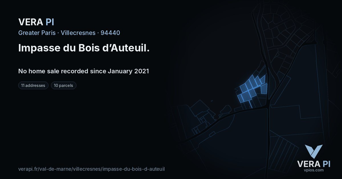 Impasse du Bois d’Auteuil, Villecresnes at night – every parcel coloured by the prices around it, the street's own parcels lit