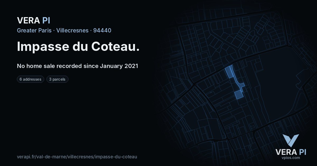 Impasse du Coteau, Villecresnes at night – every parcel coloured by the prices around it, the street's own parcels lit