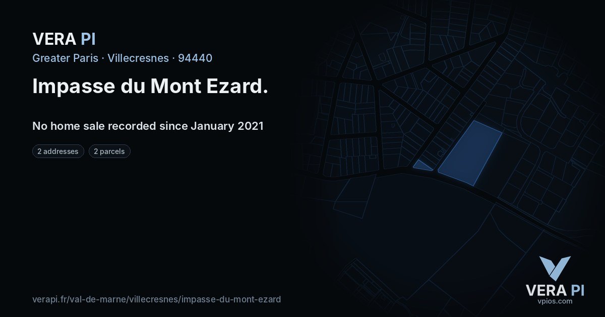 Impasse du Mont Ezard, Villecresnes at night – every parcel coloured by the prices around it, the street's own parcels lit